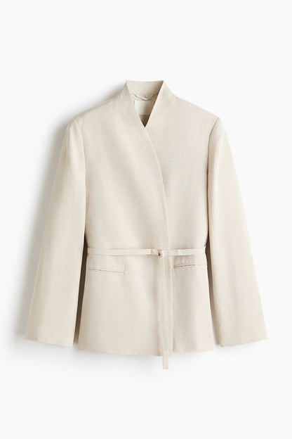 Belted linen-blend blazer