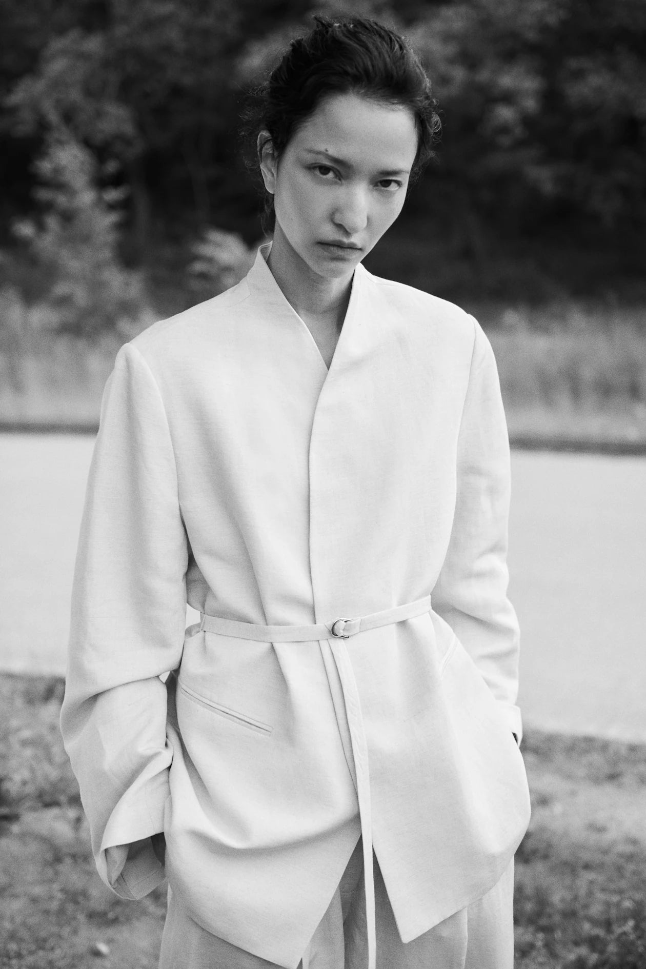 Belted linen-blend blazer