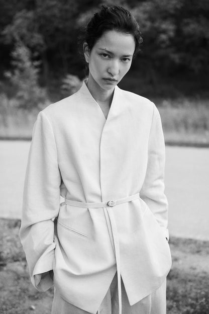 Belted linen-blend blazer