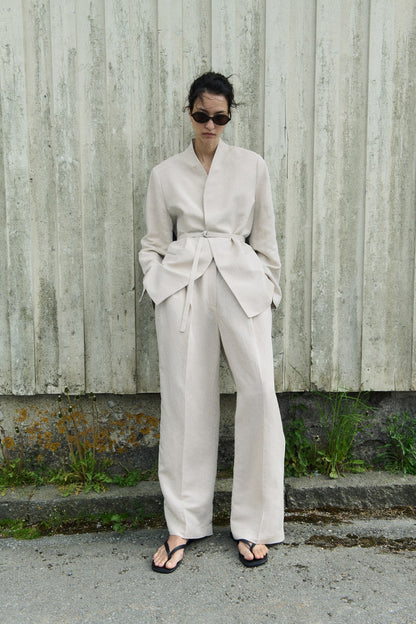Belted linen-blend blazer